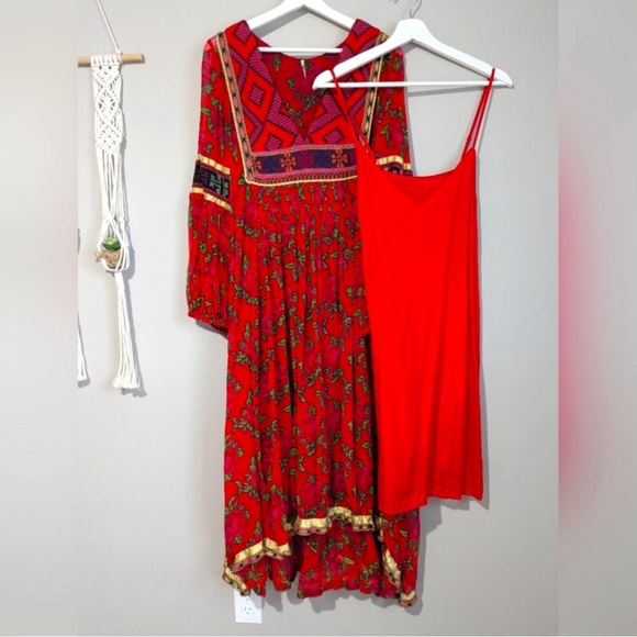 Free People Bold Blooms Red Rose V Neck Embroidered Maxi Dress XS - Picture 9 of 9